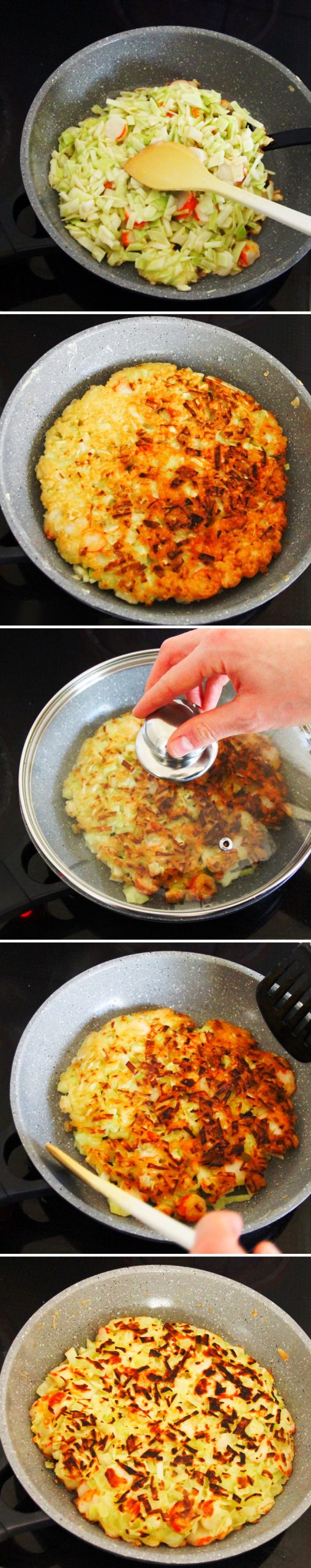 Grundrezept Okonomiyaki Schritt 7 Teig wenden