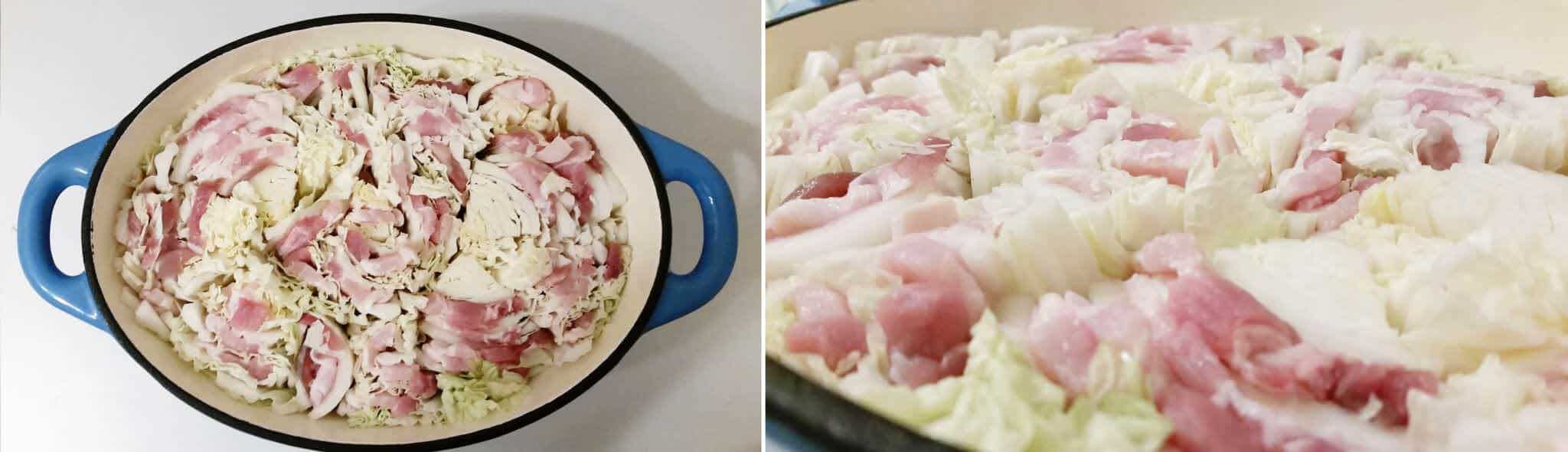 Millefoglie Nabe - Passaggio 5: disporre a strati nella pentola i fagottini di cavolo e pancetta
