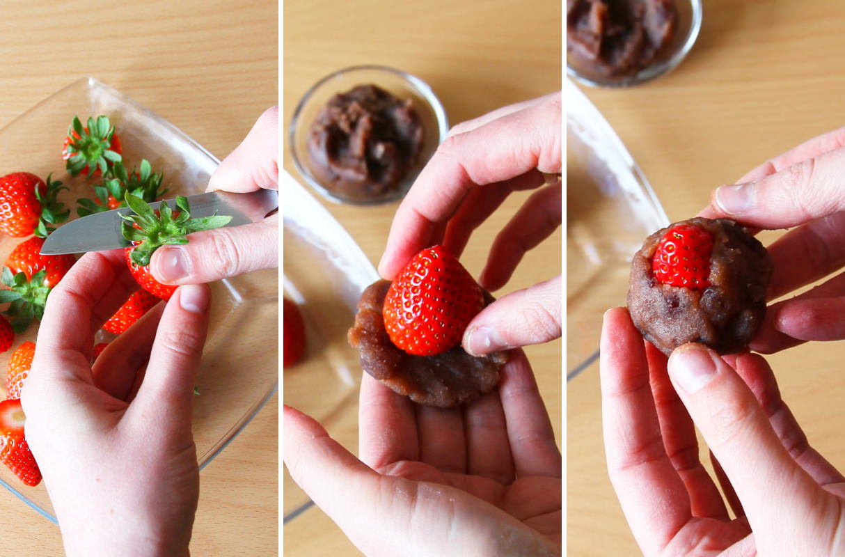 Erdbeeren und Anko Bohnenpaste für Ichigo Daifuku Mochi kombinieren