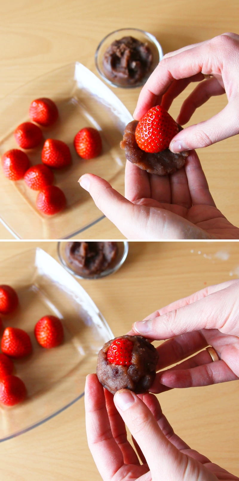 Ichigo Daifuku Mochi mit Erdbeeren Schritt 7 Erdbeere mit Anko umhüllen