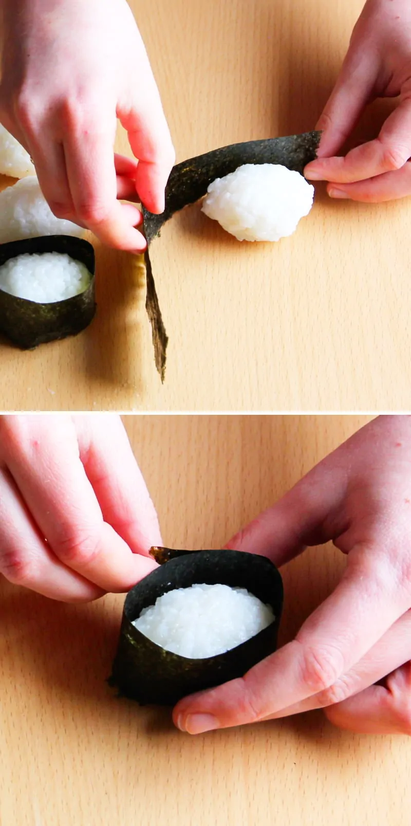 Gunkan Schritt 6 Nori mit Reis umwickeln