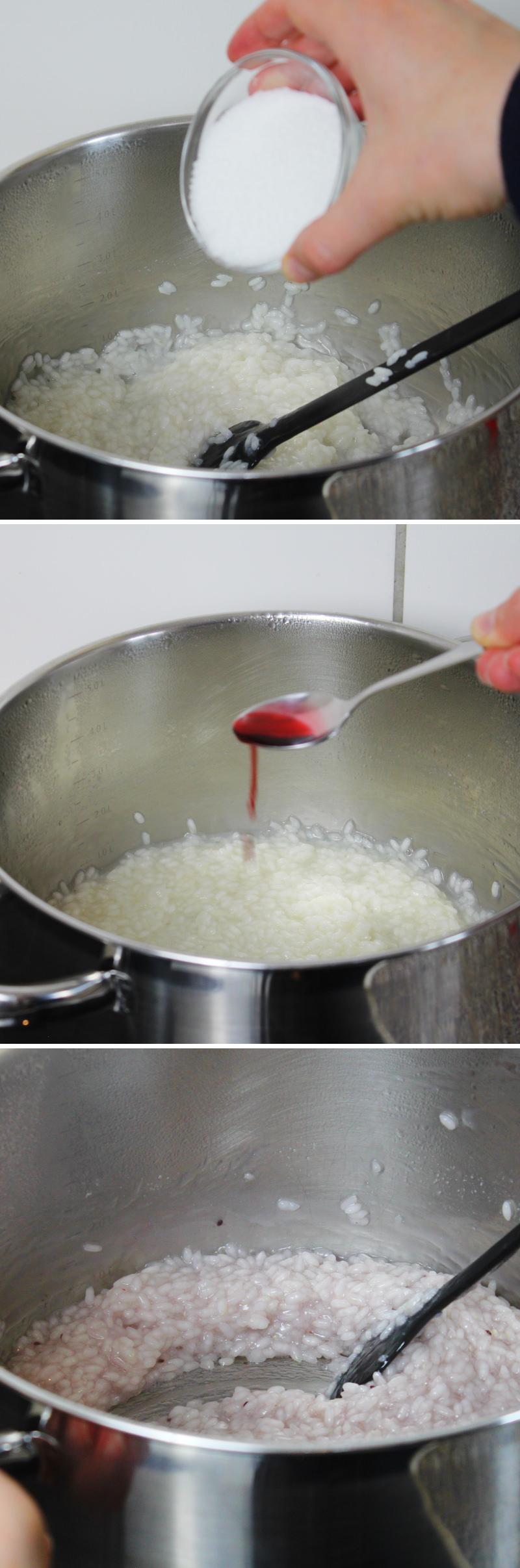 Sakura Mochi Schritt 9 Reis mit Zucker und Farbe vermischen und einkochen