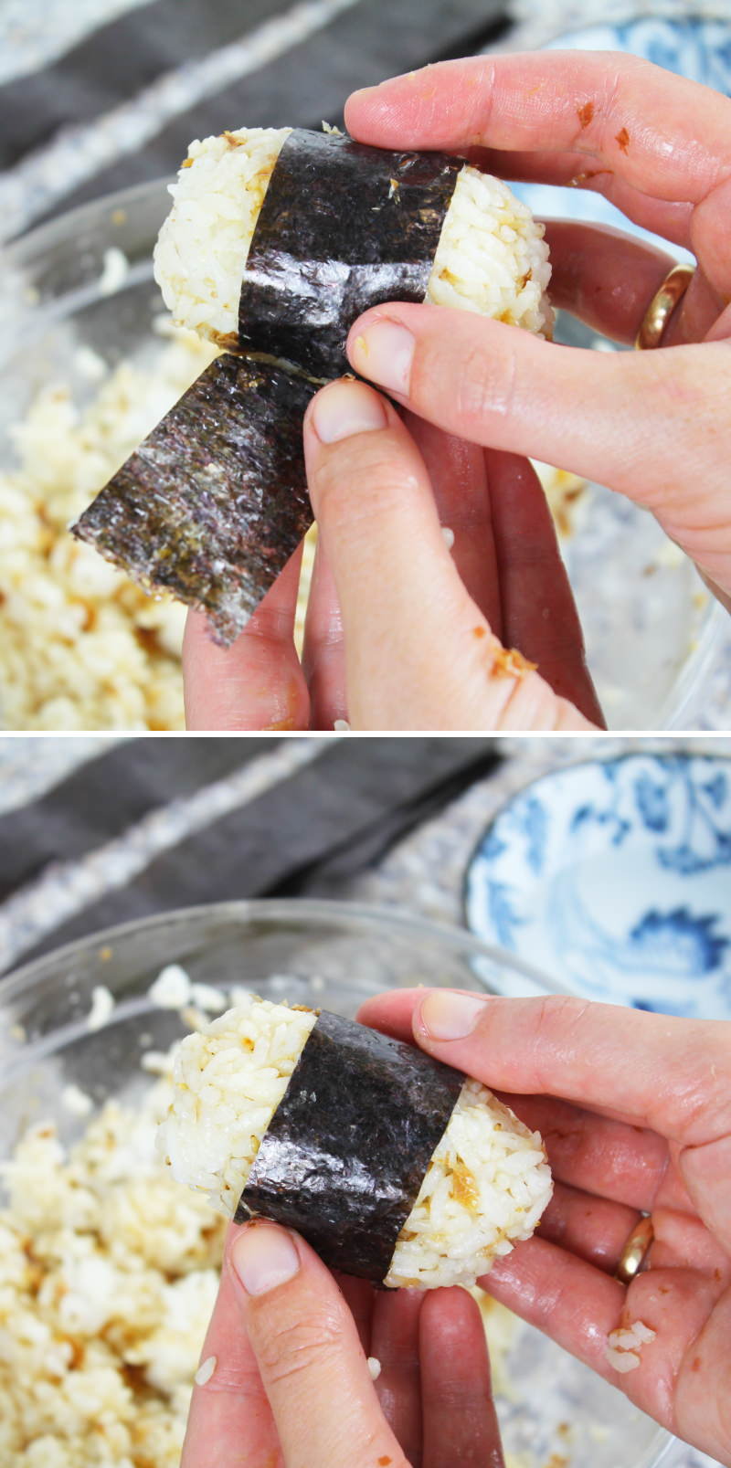 Okaka Onigiri Schritt 6 Reisbällchen mit Nori umwickeln