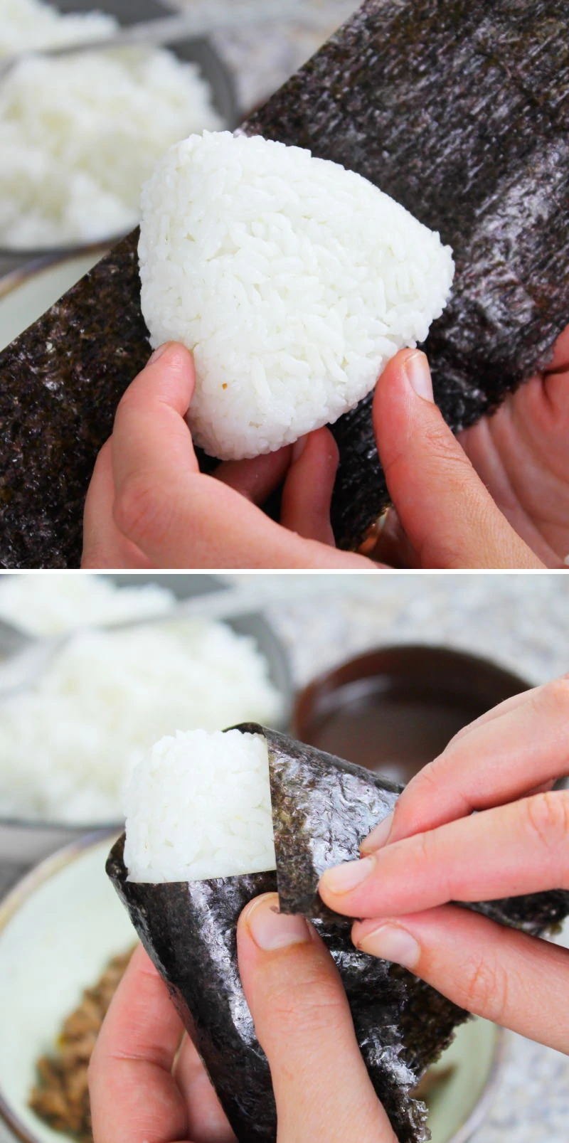 Shigureni Onigiri Schritt 10 Reisbällchen mit Nori umwickeln