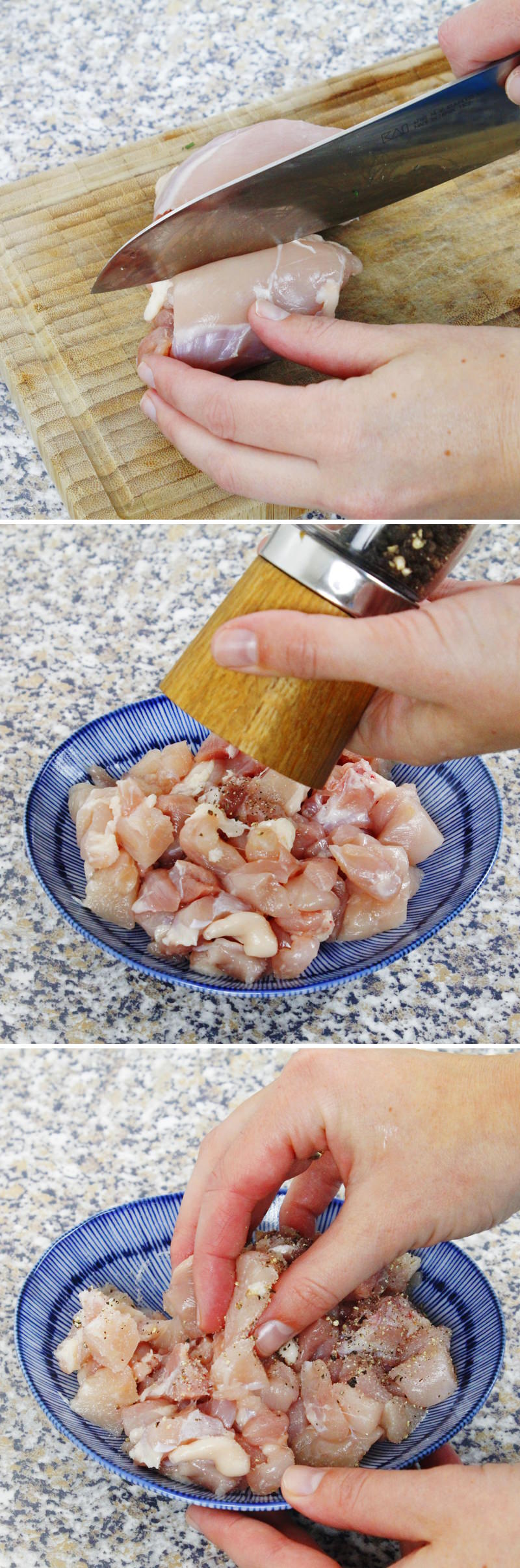 Riso fritto al pollo - Fase 3: tagliare il pollo