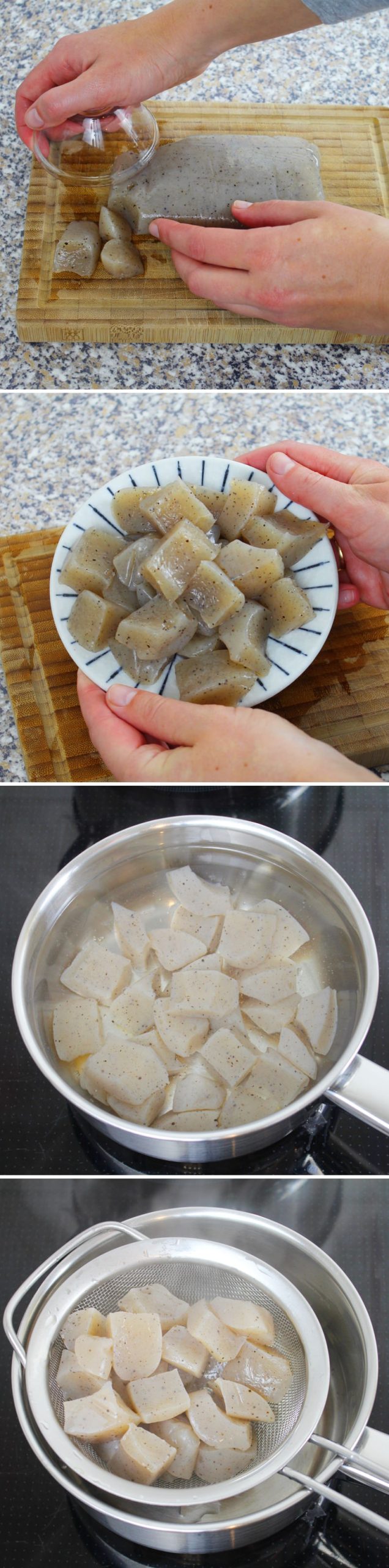 Kenchinjiru Step 3: Cut the konnyaku