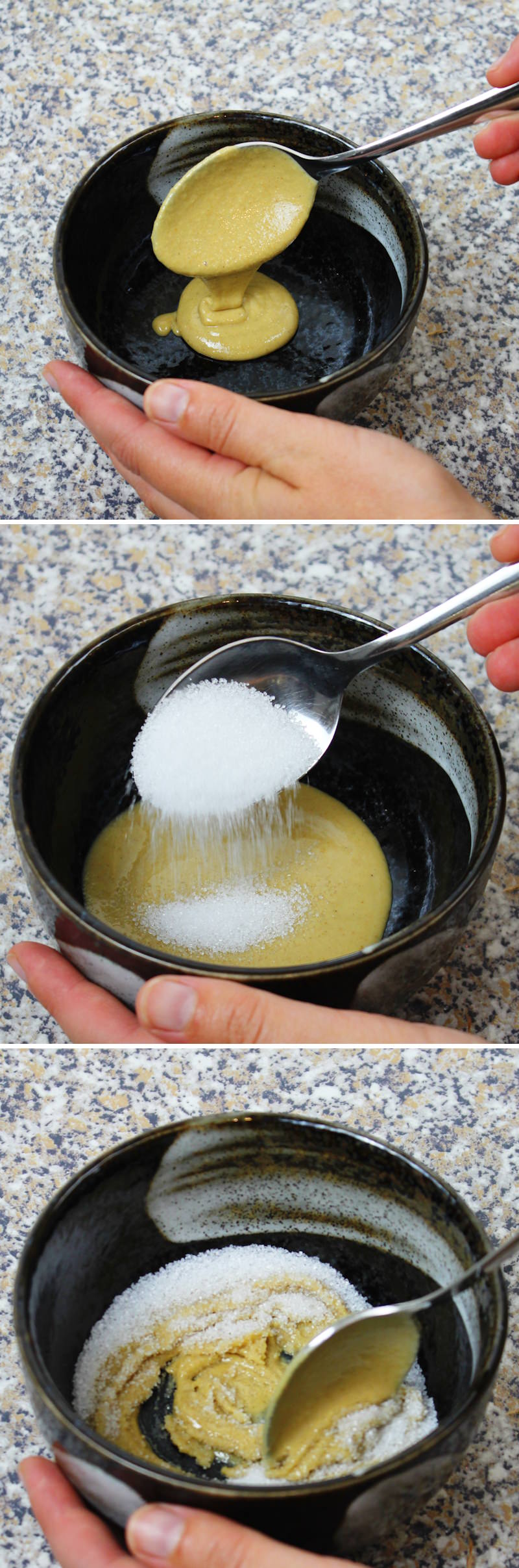 Sesame sauce passaggio 2: Mix the tahini with sugar