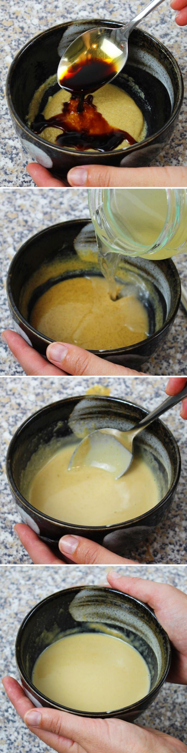 Sesame sauce: step 3 – season with soy sauce, rice vinegar and dashi