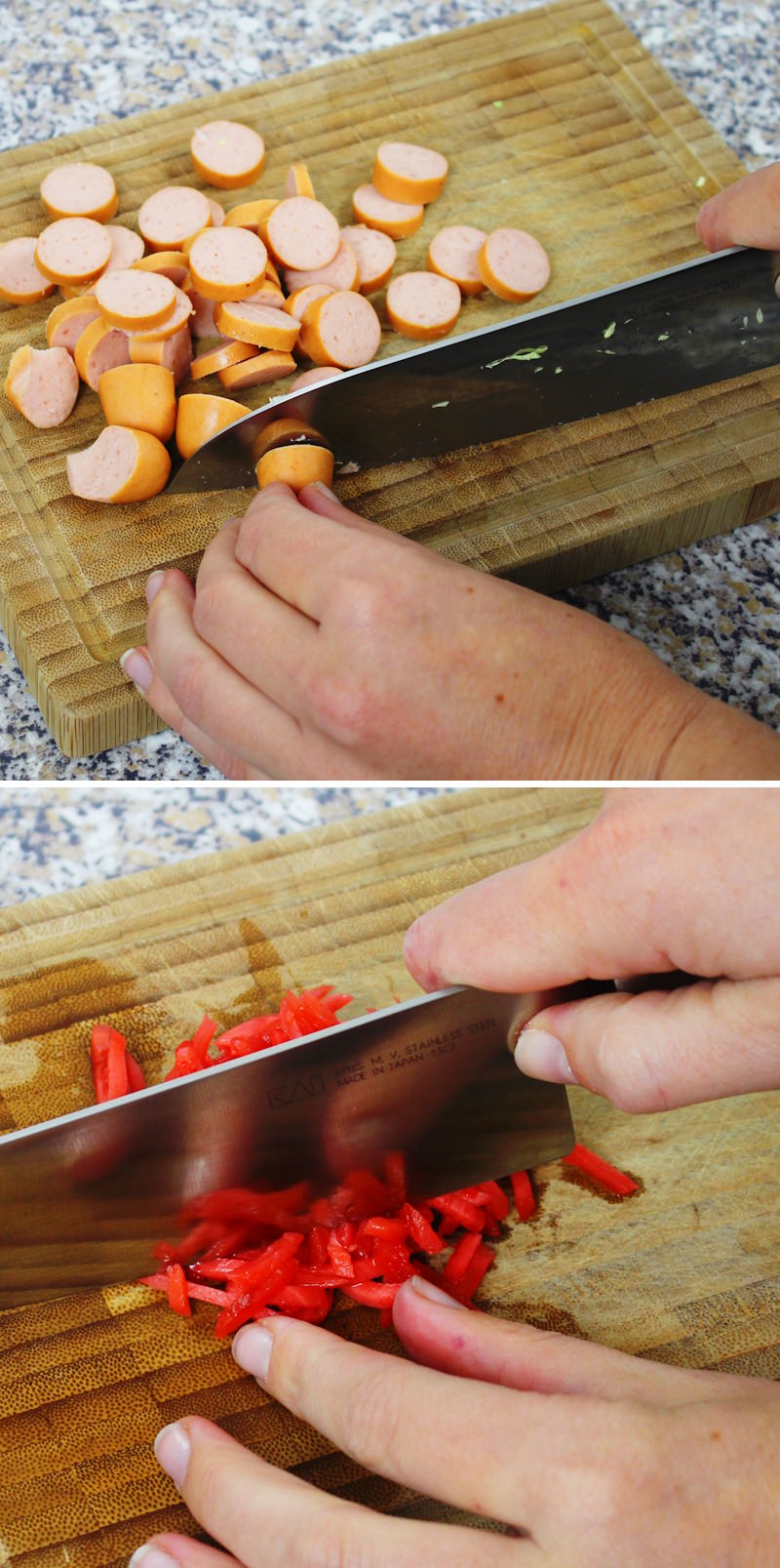 Yakisoba Pan Schritt 3 Würstchen und Beni Shoga schneiden