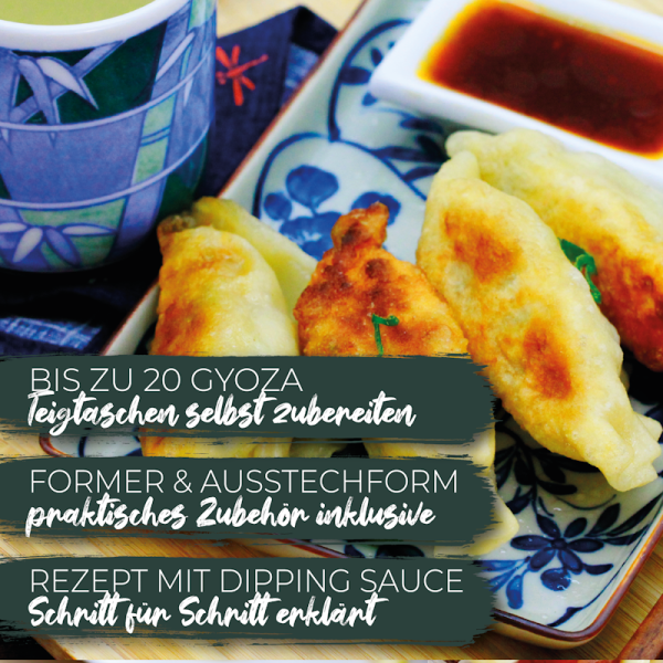 6-teiliges Gyoza Kochset mit drei Zutaten, zwei Küchenhelfern und Rezept