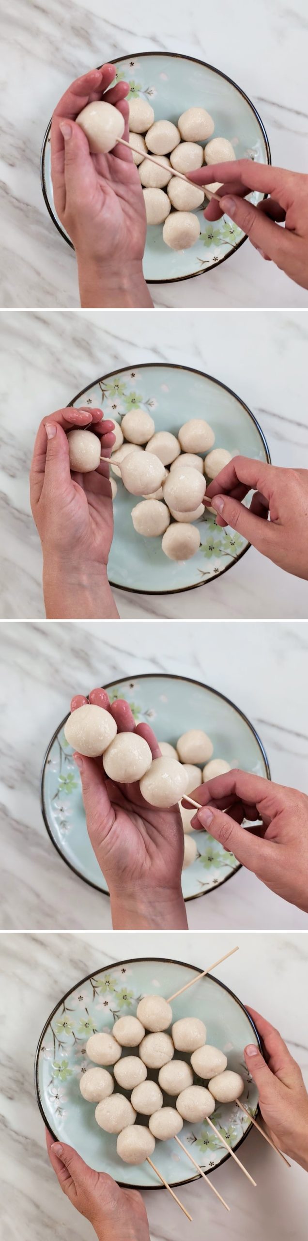 Dango al tofu - Passaggio 8: infilare le palline su uno spiedino