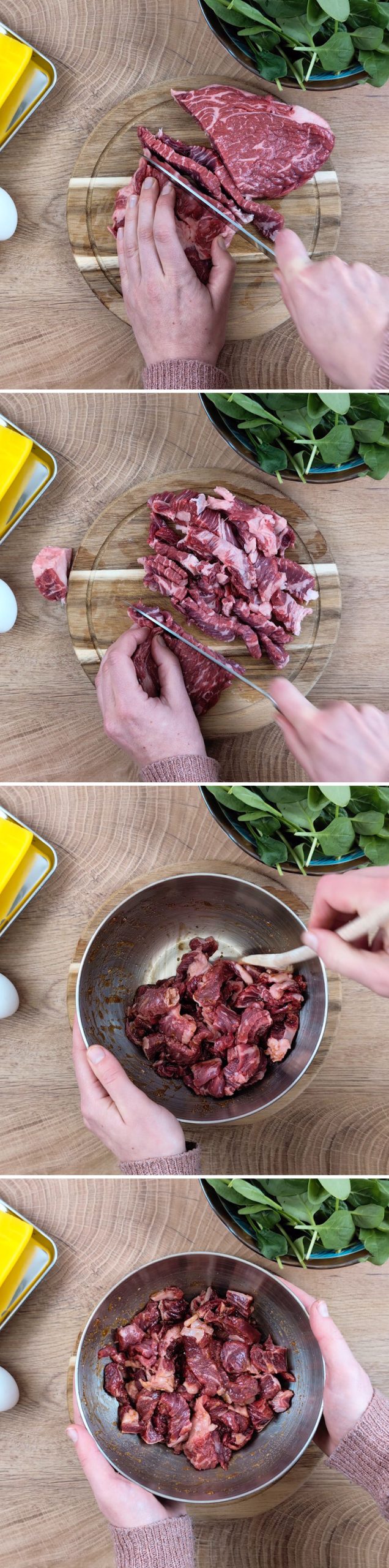 Gimbap Passaggio 6 Tagliare e marinare la carne di manzo