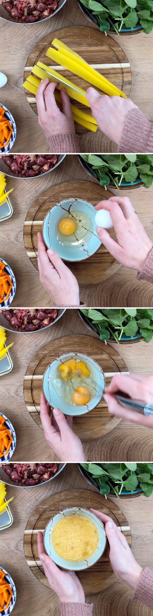 Gimbap Passaggio 8 Preparare il takuan, gli spinaci e le uova