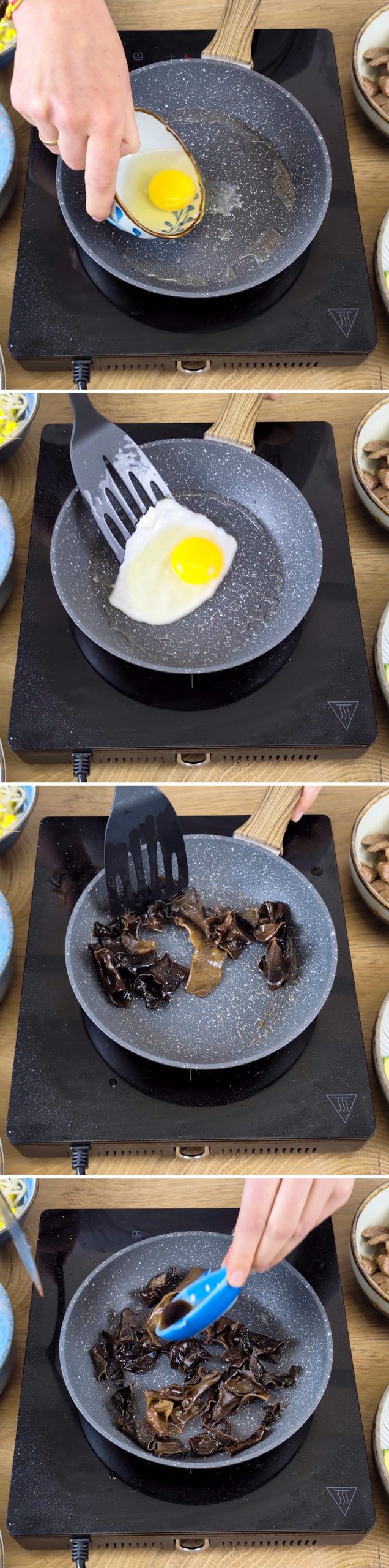 Bibimbap passaggio 11 Friggere le uova e i funghi