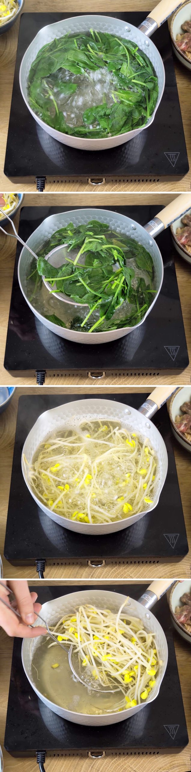 Bibimbap Passaggio 9 Sbollentare gli spinaci e i germogli