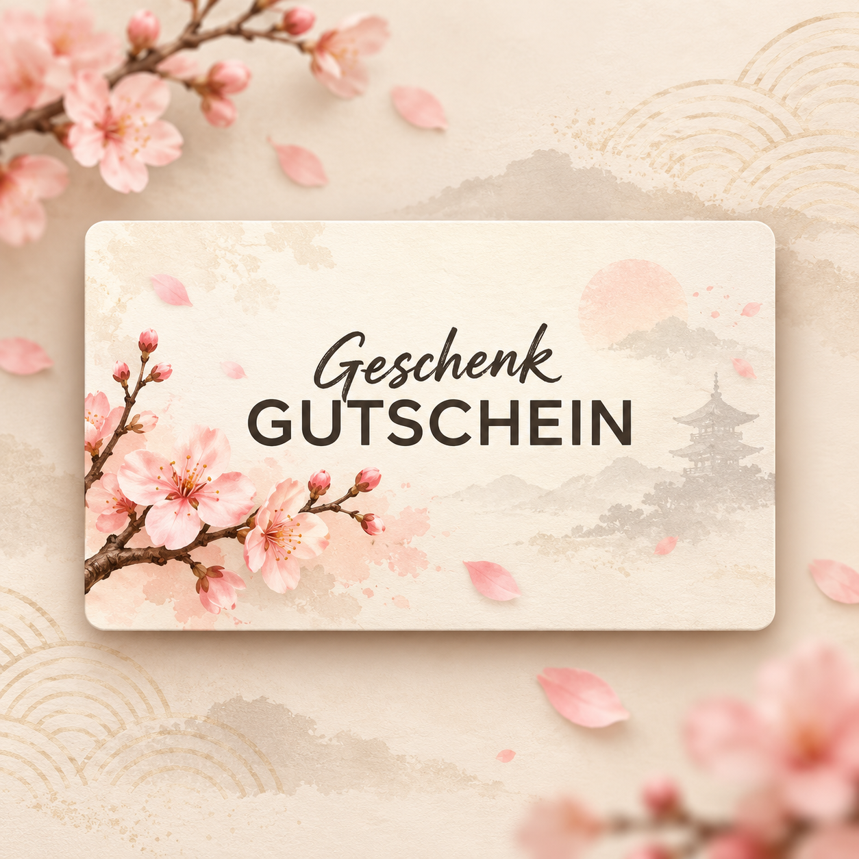 Rosa Kirschblüten mit fallenden Blütenblättern, japanischer Pagode und sanfter Berglandschaft auf cremefarbenem Hintergrund mit goldenen Akzenten.