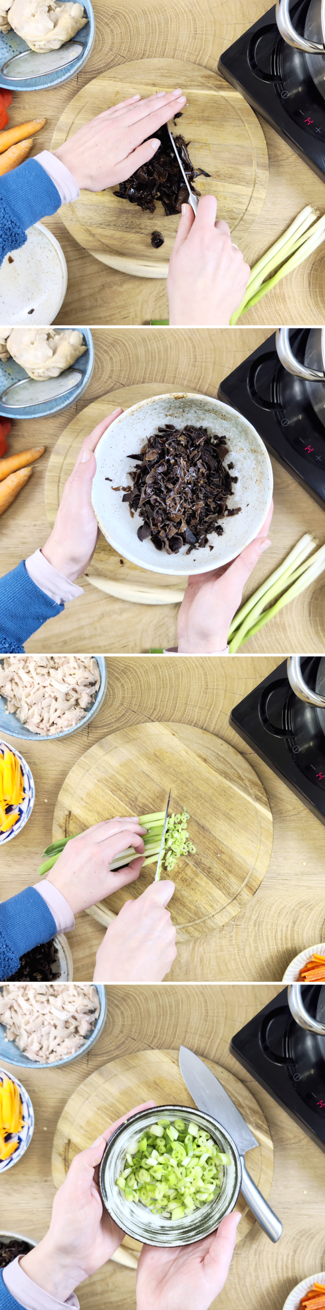 Zuppa di Pechino - Passaggio 6: tagliare a pezzetti i funghi e i cipollotti