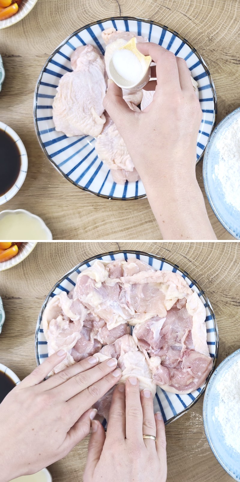 Chicken Teriyaki Schritt 2 Hähnchenschenkelfleisch einschneiden und aufklappen