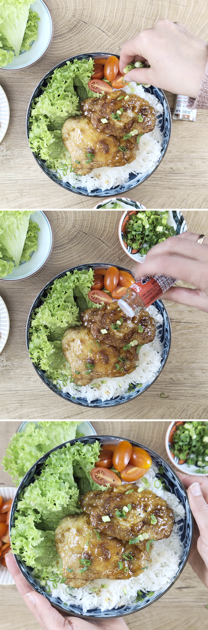 Chicken Teriyaki Schritt 8 Mit Reis, Salat und Cherrytomaten servieren