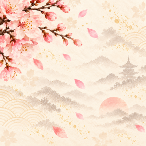 Rosa Kirschblüten und fallende Blütenblätter vor einer japanischen Berglandschaft mit Pagode in zarter Aquarelloptik.